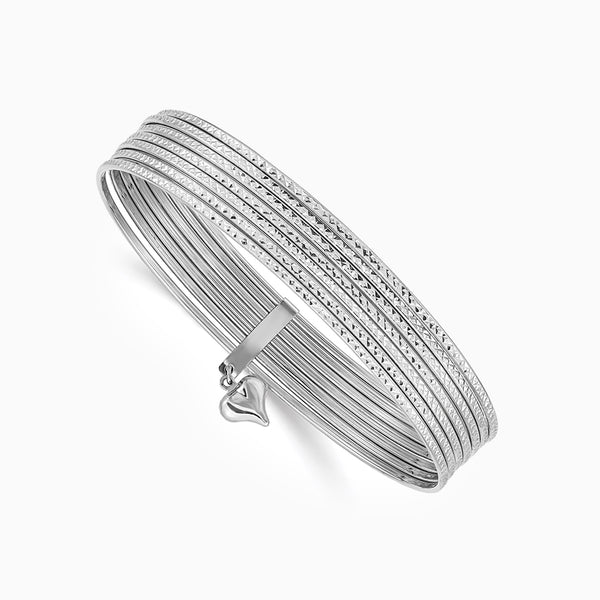 14K White Gold Polished and Textured with Dangle Heart Round Bangle Bracelet