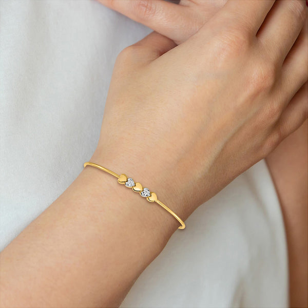 14K and White Rhodium Polished Diamond-cut Round Bangle Bracelet