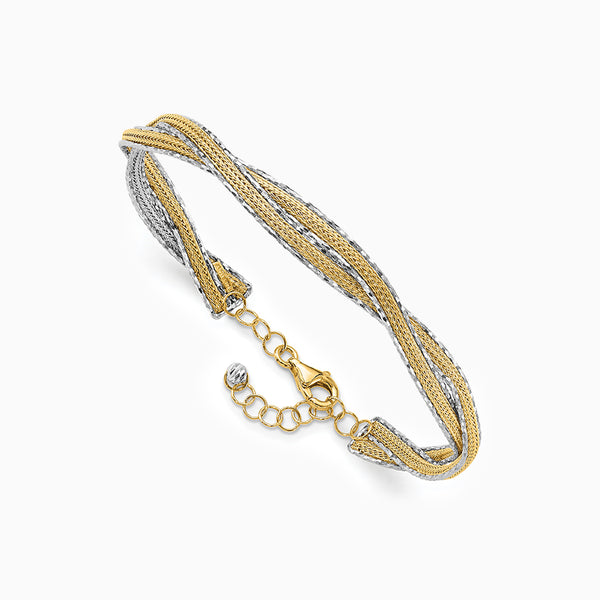 14K Two-tone Diamond-cut and Textured Braided 6.70mm Oval Bangle Bracelet
