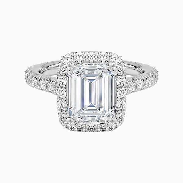 1.0-3.0 Carat D-F VS+ Ideal Cut Emerald Diamond 14K Gold Halo Pave Ring