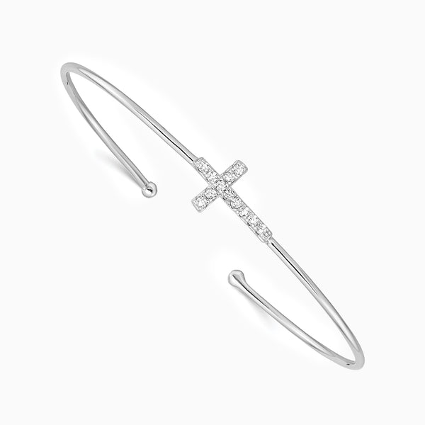 Sterling Silver Rhodium-plated CZ Cross Cuff Bangle
