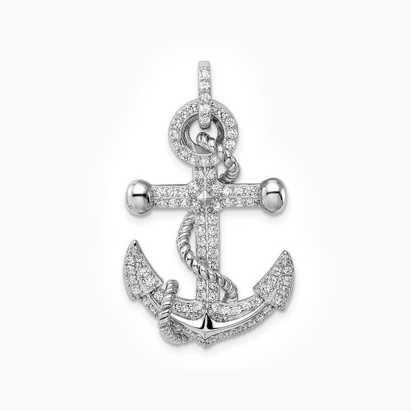 Sterling Silver Rhodium-plated CZ Anchor Pendant