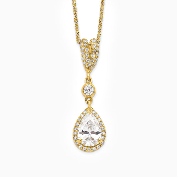 Sterling Silver Gold-plated Brilliant-cut CZ Teardrop and Bezel Halo 18 Inch Necklace