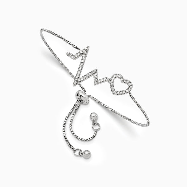 Sterling Silver Polished Rhodium Micro Pavé CZ Heartbeat Adj. Bracelet