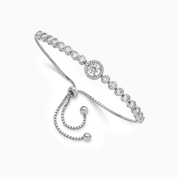 Sterling Silver Rhodium-plated Bezel Set CZ and Halo CZ Adjustable Bracelet