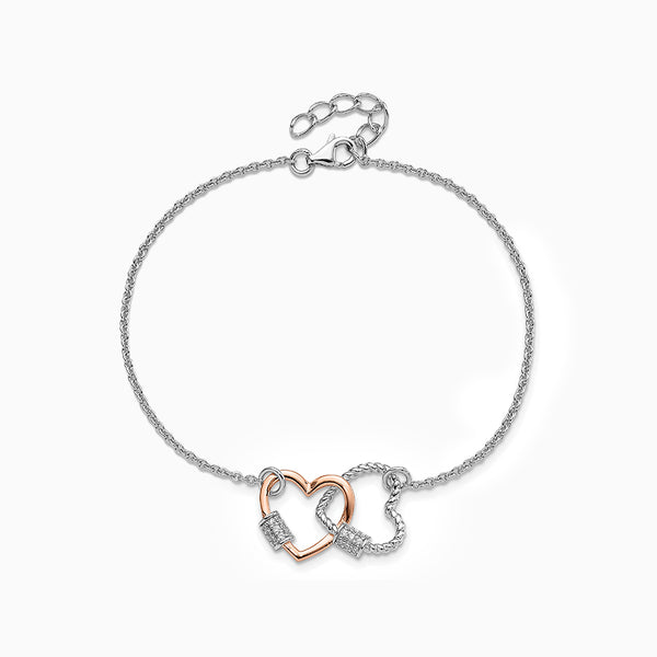 Sterling Silver Rh-plated Rose-tone Double Heart 7in with 1in ext Bracelet