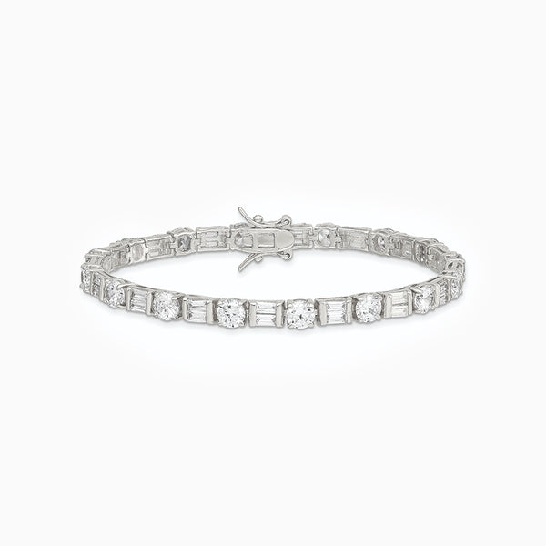 Sterling Silver Rhodium-plated Baguette and Round CZ Bracelet