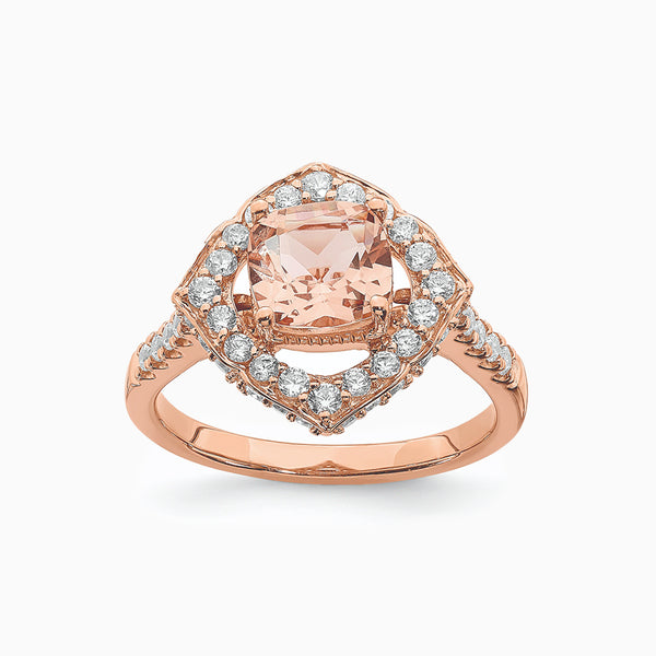 14K Rose Gold Halo 7.00mm Cushion-cut Morganhite and 3/4 carat Diamond Ring