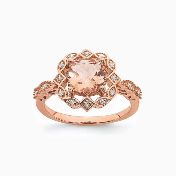 14K Rose Gold Halo 7.00mm Cushion-cut Morganite and 1/15 ct Diamond Engagement Ring