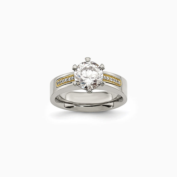Chisel Titanium Polished with 14k Gold Inlay Accent CZ Ring