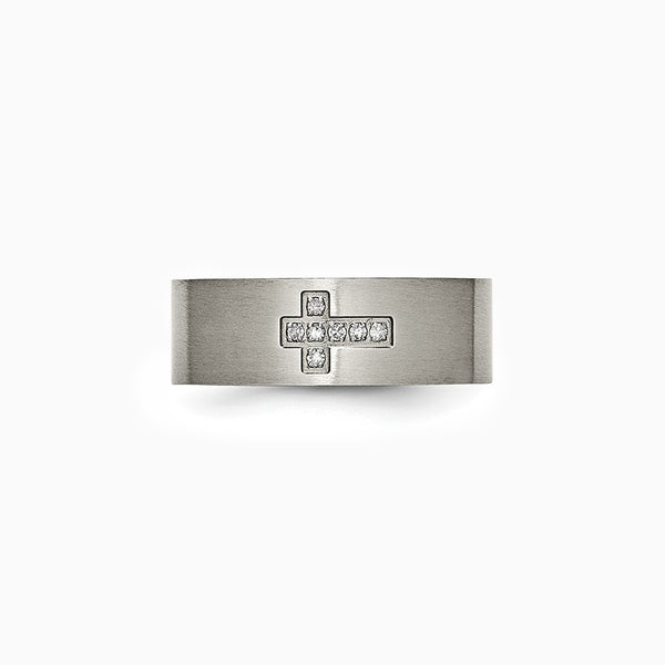 Chisel Titanium Brushed 1/15 Carat Diamond Cross 8mm Flat Band