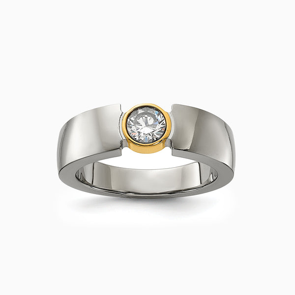 Chisel Titanium Polished Yellow IP-plated with CZ Tapered Ring