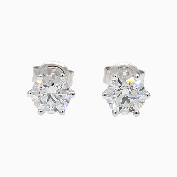 1.0 Carat D-F VS+ Ideal Cut Round Brilliant Diamond 14K White Gold Six Prong Stud Earrings (0.98g)