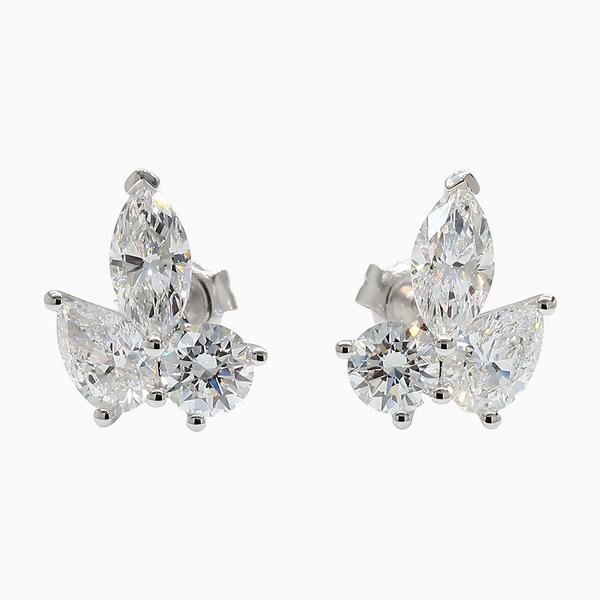 1.8 Carat D-F VS+ Ideal Cut Marquise Round Pear Diamond 14K White Gold Stud Earrings (1.84g)