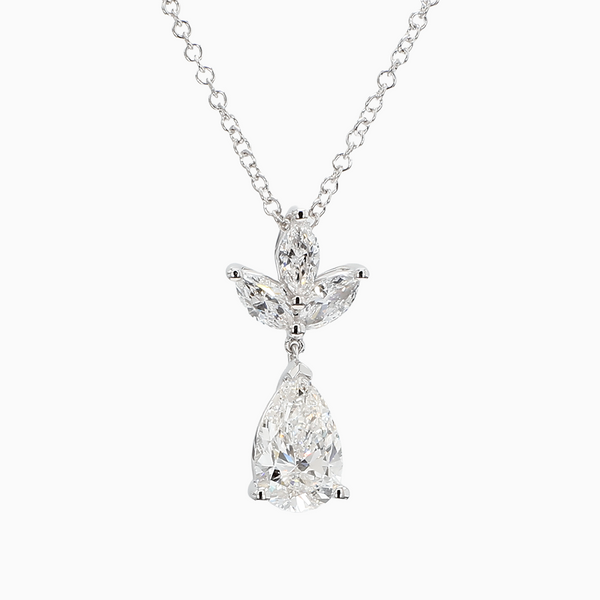 1.4 Carat D-F VS+ Ideal Cut Pear Diamond 14K White Gold Halo Pendant Necklace (2.86g)
