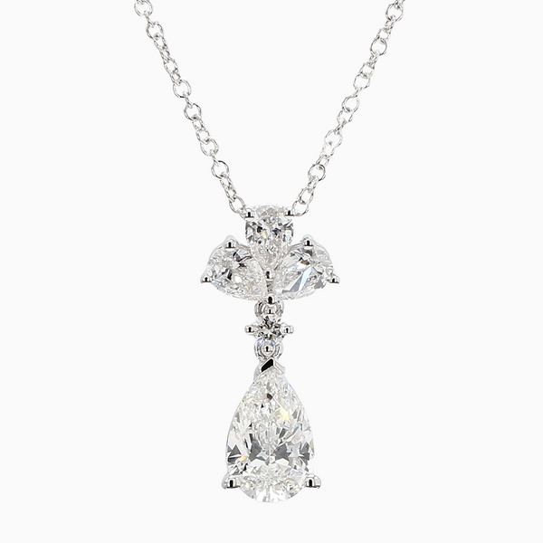 1.5 Carat D-F VS+ Ideal Cut Pear Diamond 14K White Gold Halo Pendant Necklace (2.92g)